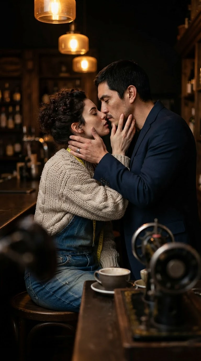 They kiss at the bar, her hand on his jaw, his hand on her face.