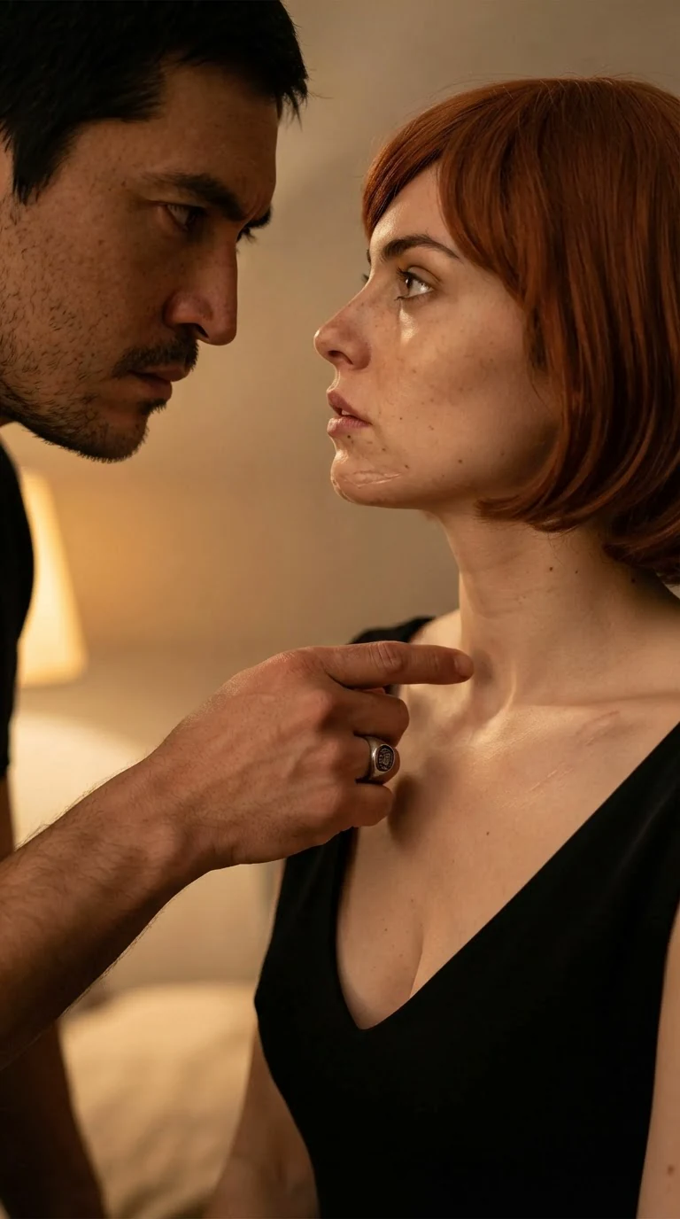 His fingers trace along her collarbone in the low bar light.