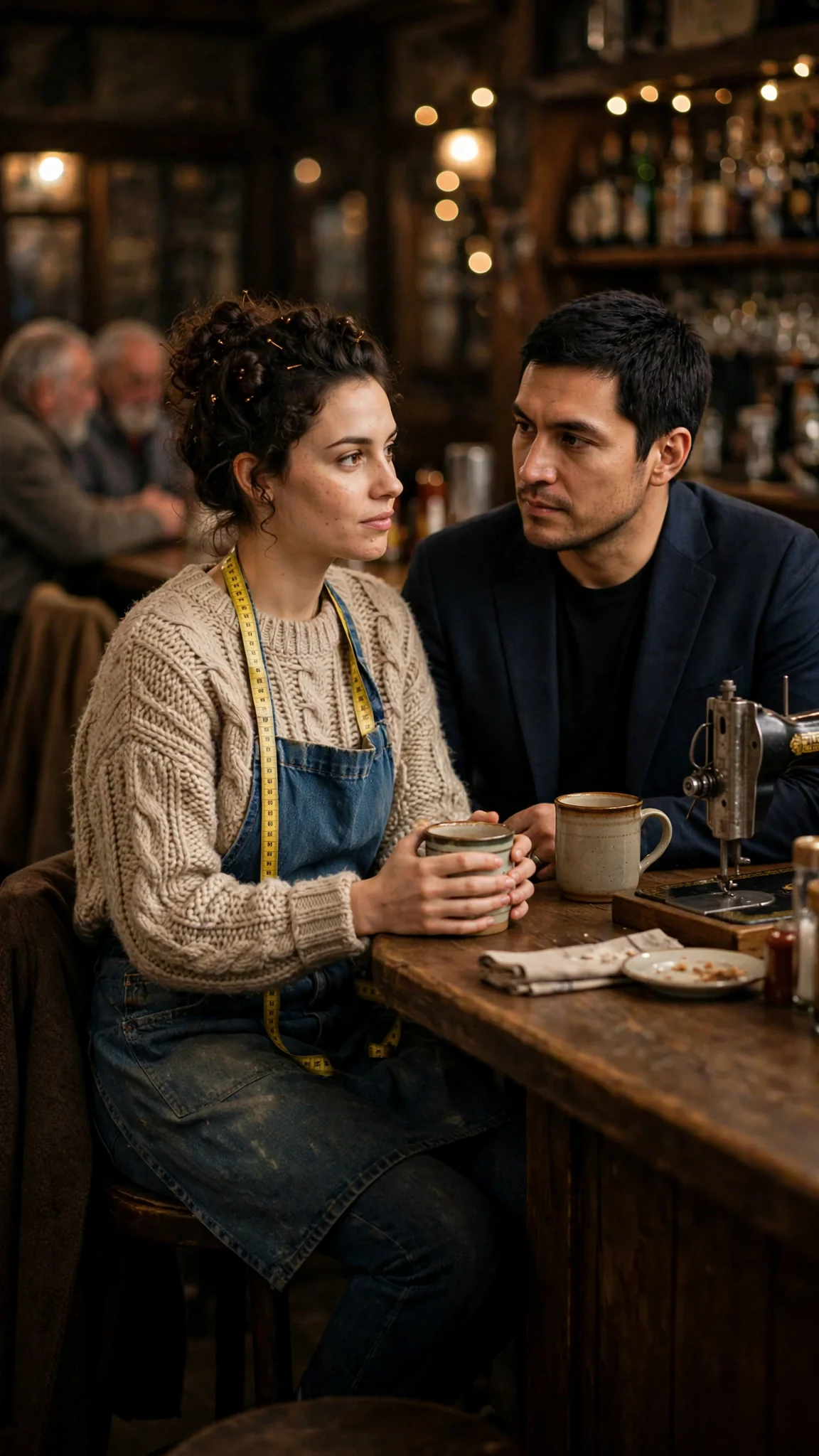 Two coffee cups on the bar, one nearly full, the woman still on her stool.