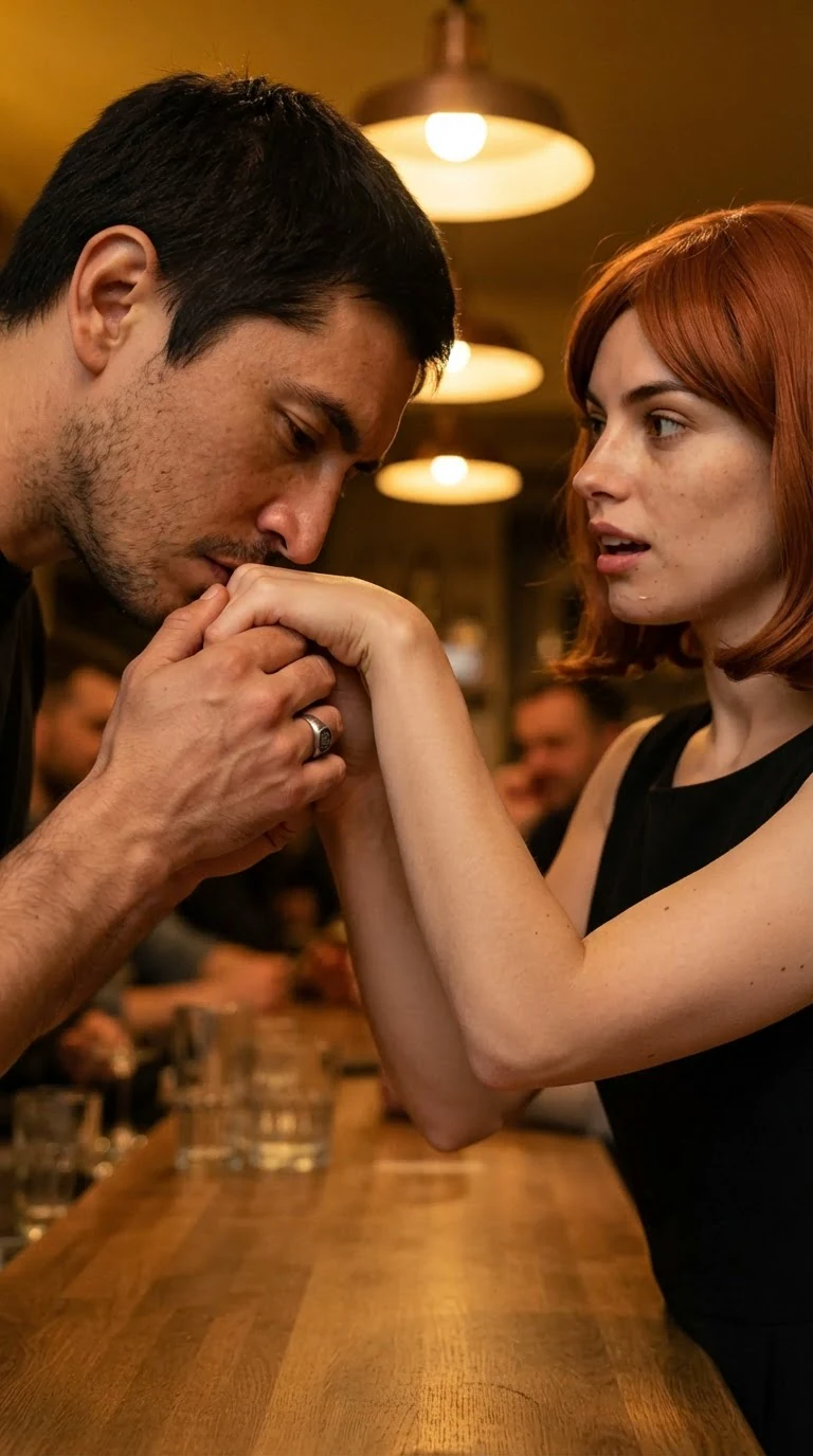 He lifts her hand and presses his mouth to her knuckles and the inside of her wrist.