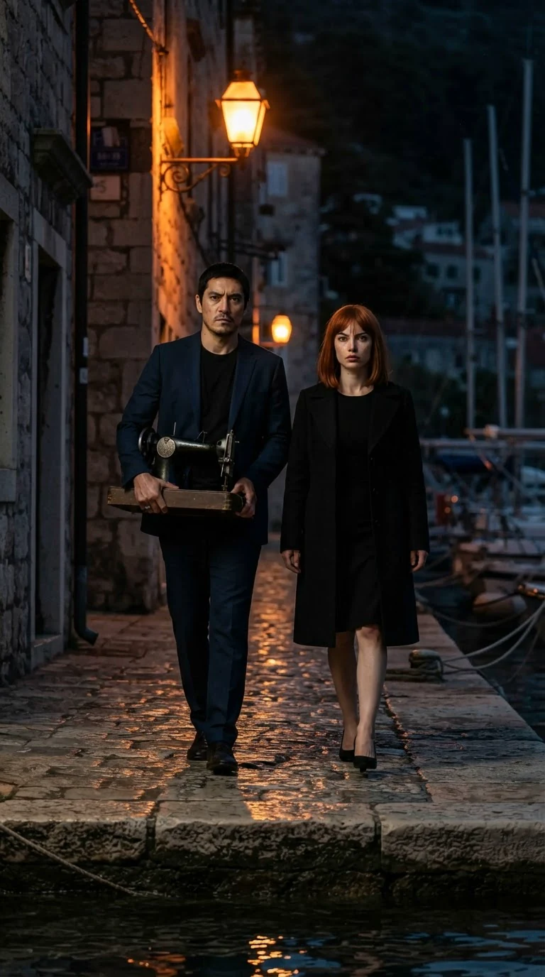 A tall man in a navy suit carries an old black sewing machine down a wet, dark street, a small woman in a red wig and black coat hurrying beside him.