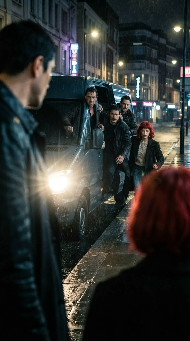 Headlights swing across a wet street as men spill from a stopped van with their coats open.