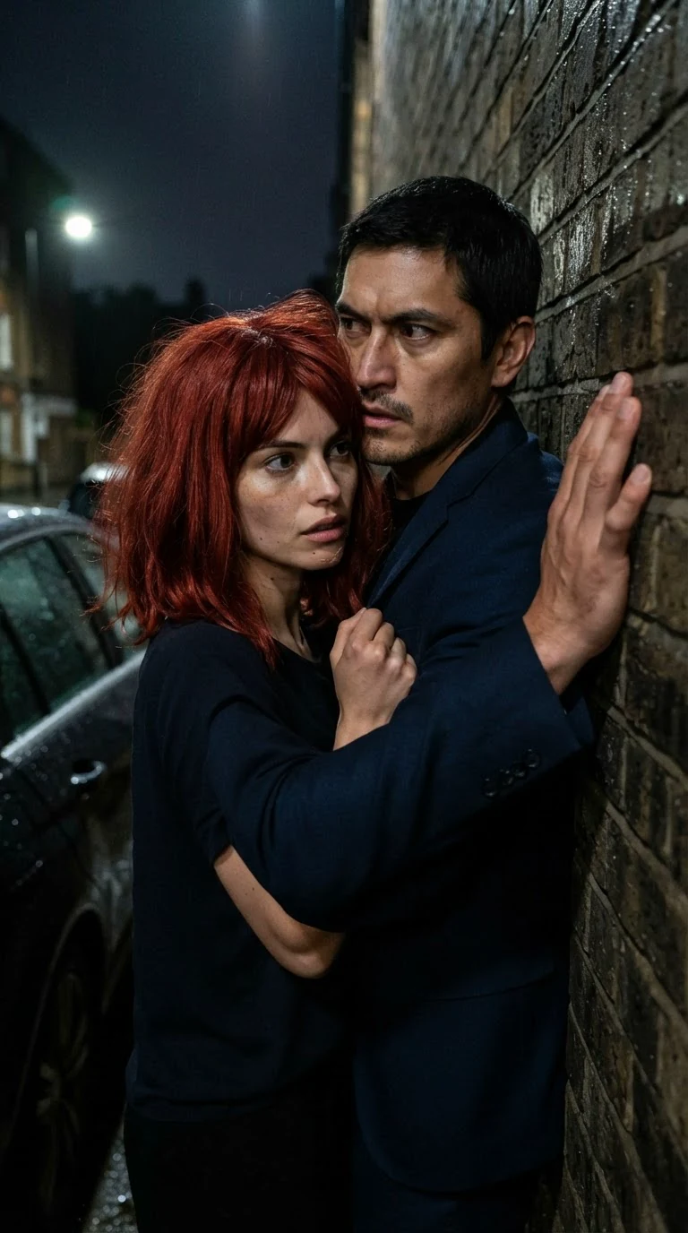 A tall man presses a small woman into a narrow gap between a brick wall and a parked car, his chest against her back, one hand flat on the wall by her head.