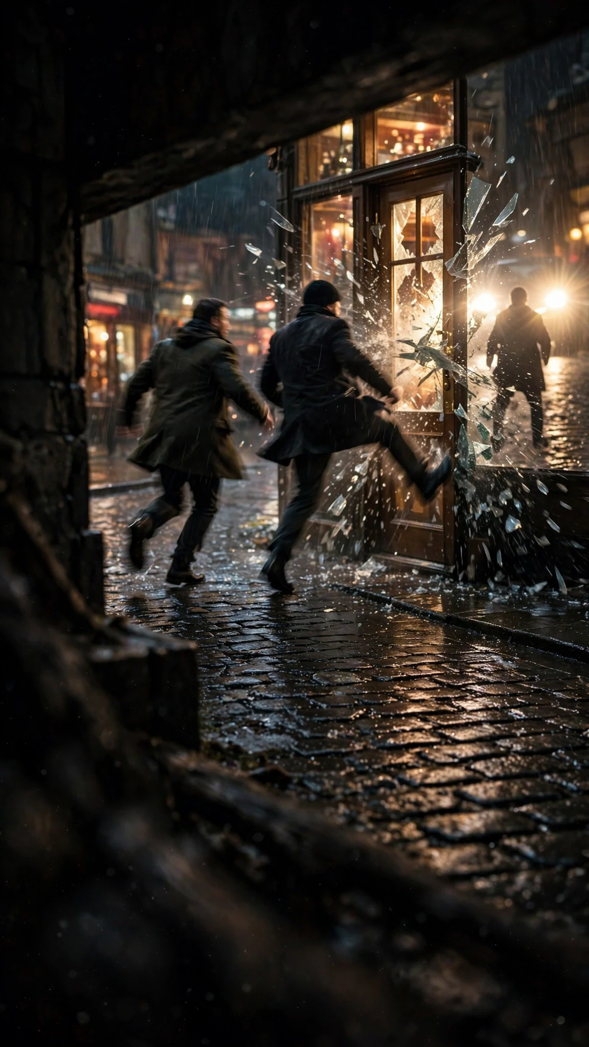 Boots run past on a wet street as glass sprays from a kicked-open door.