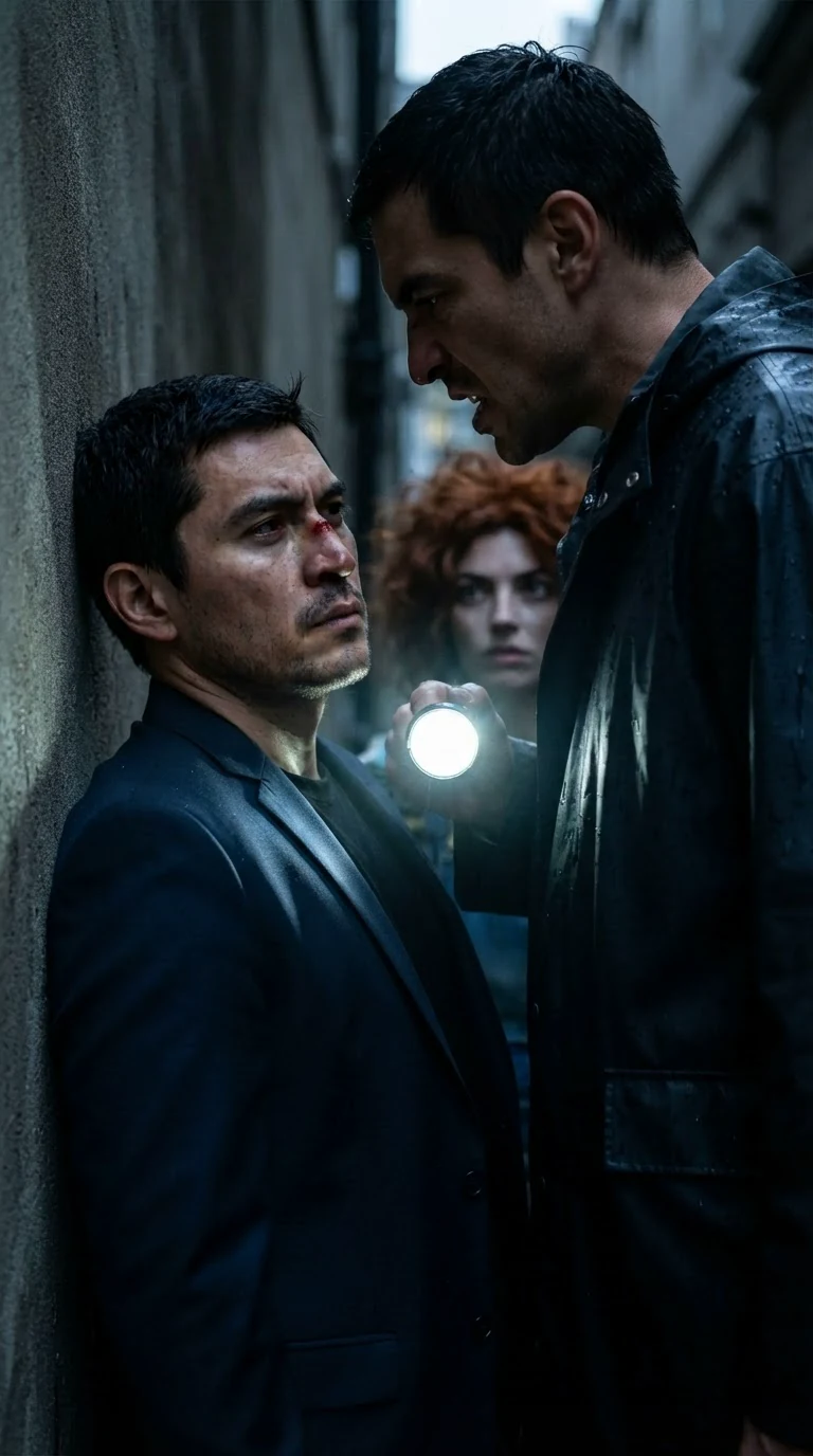 A flashlight beam lands on a tall man's face in a dark gap as a man in a raincoat stands over him.