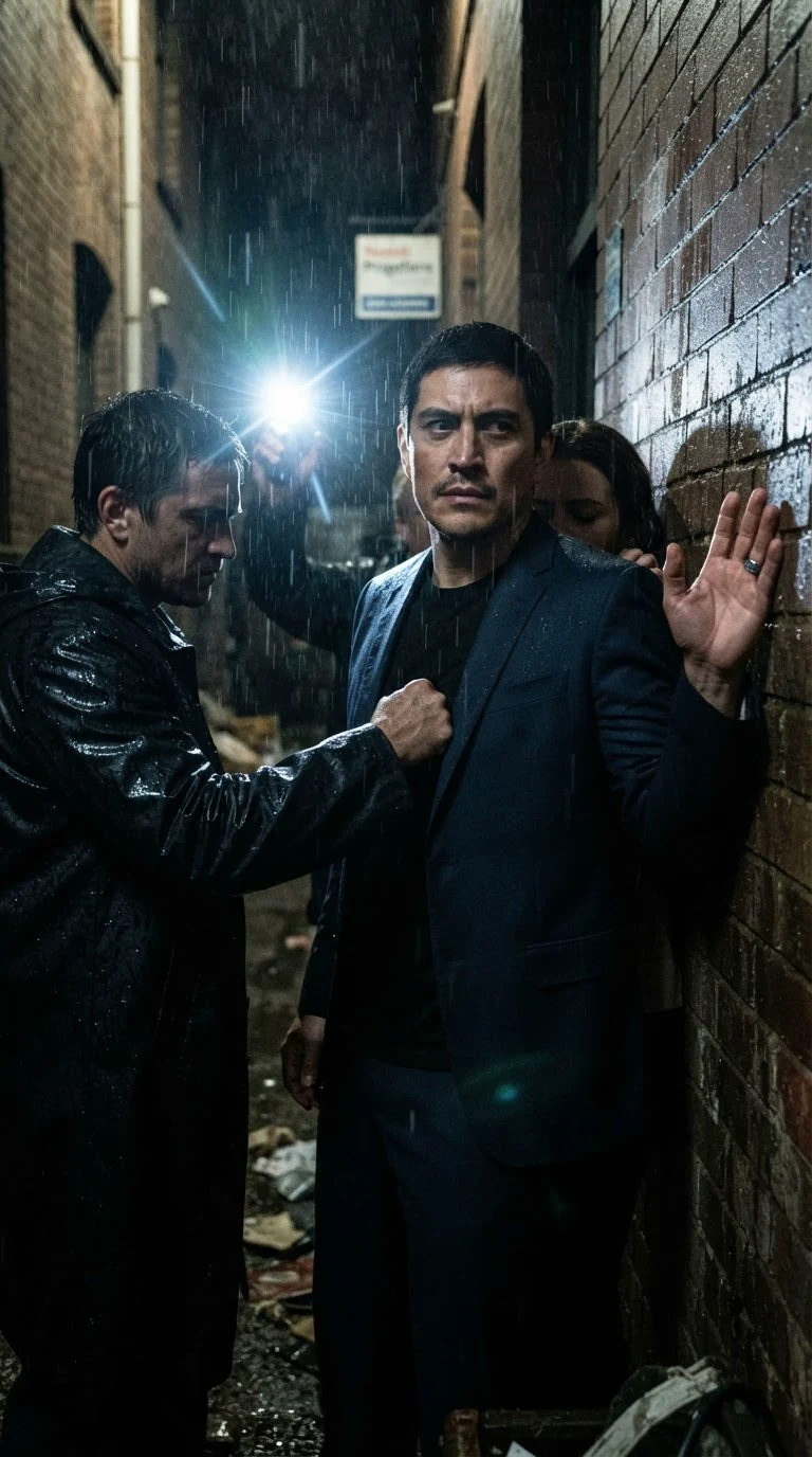 A man in a raincoat drives a fist into a tall man's ribs while the tall man stands still, jaw tight.