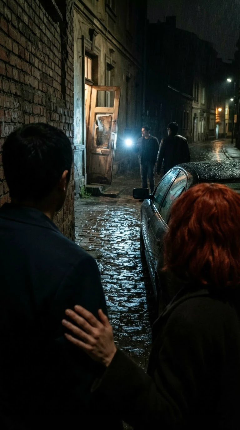 The flashlight beam swings away up the wet street, leaving a tall man and a small woman alone in the dark gap.