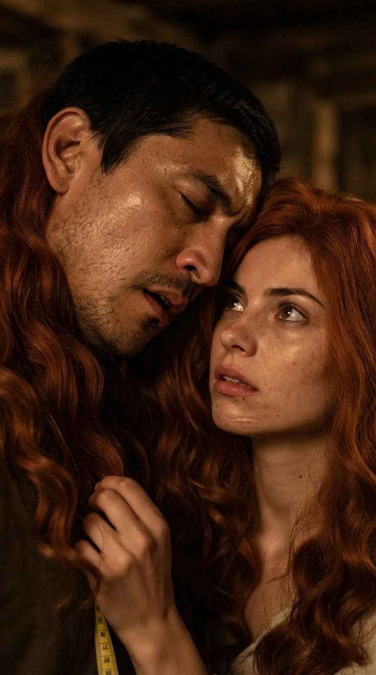 Close on a tall man's face near a woman's red hair, his eyes shut as he lets out a long breath.