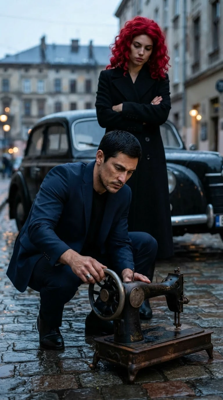 A tall man crouches on a wet street and checks the iron wheel of a black sewing machine lying on the cobbles.