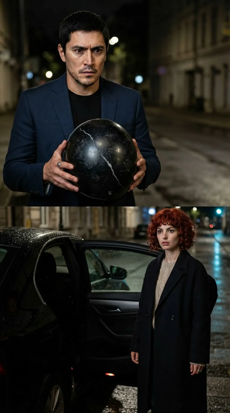 A tall man stands beside an open car door holding a cracked black motorcycle helmet in both hands.
