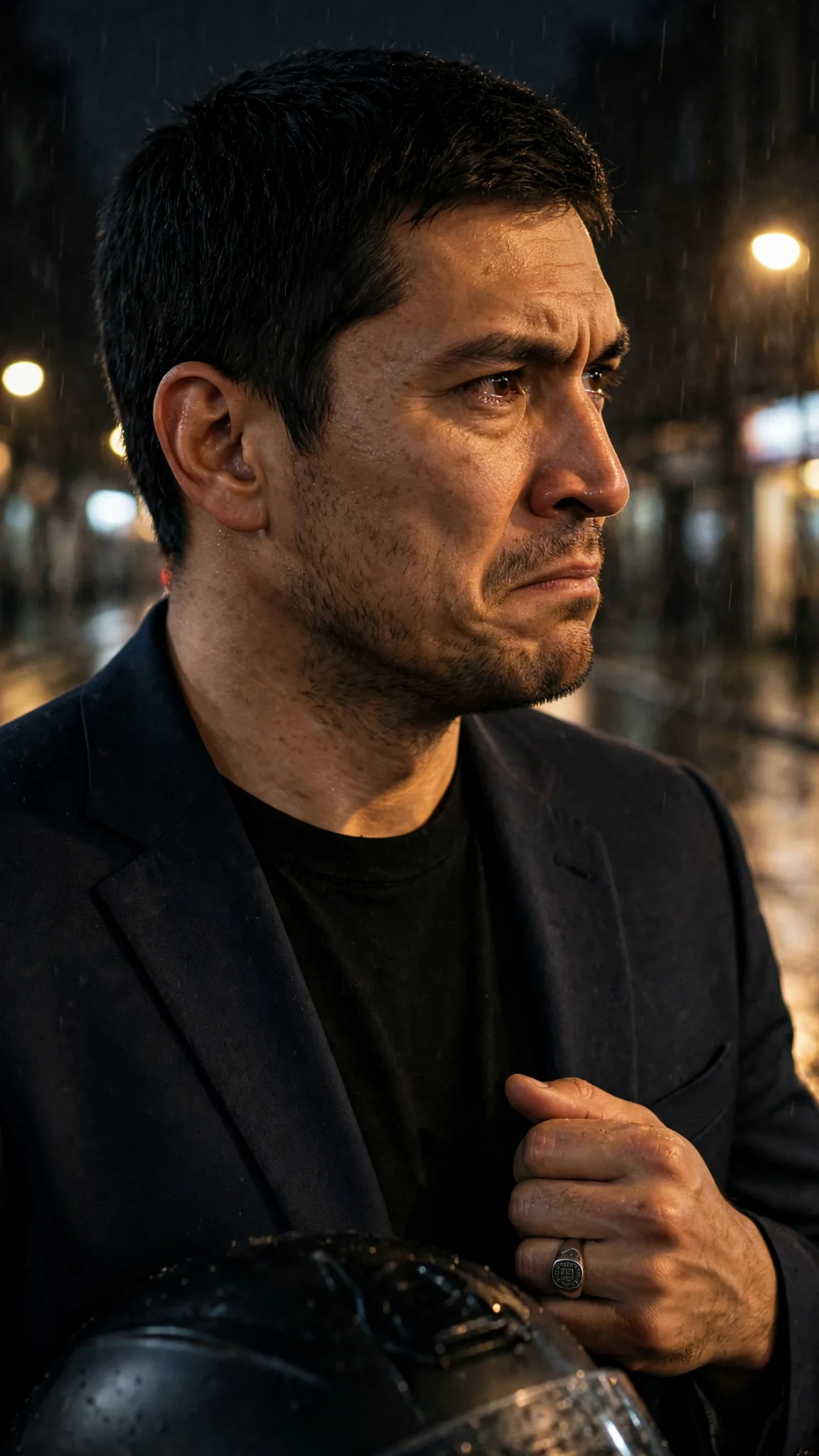 Close on a tall man's face as he turns away, jaw clenched, eyes wet.