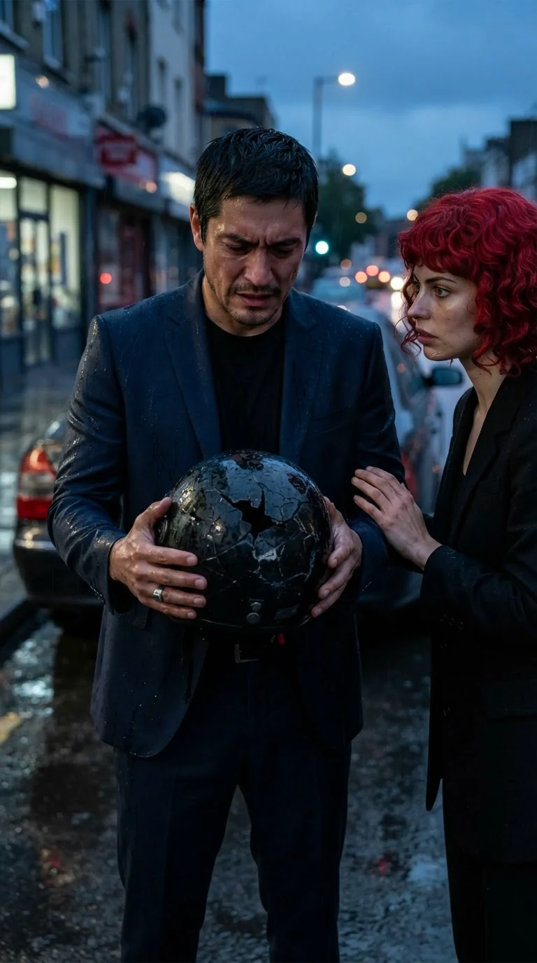 A tall man stares at the helmet in his hands, mouth pulled down, rain on his face.