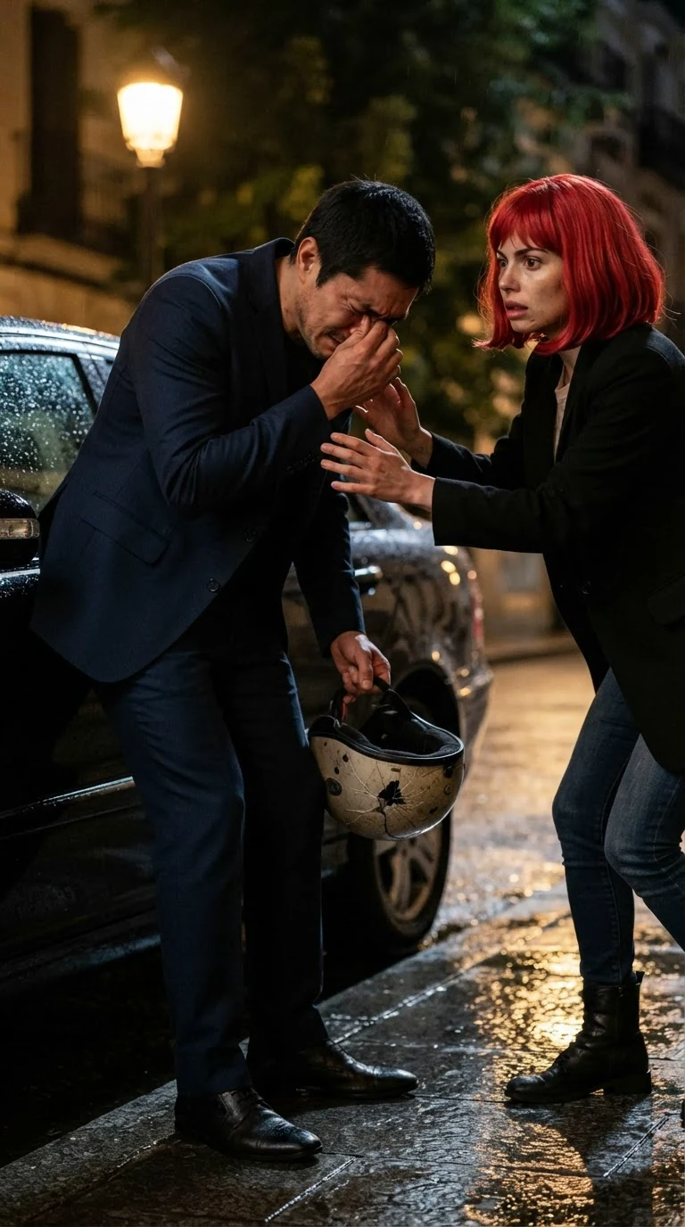 A tall man folds forward, shaking, one hand over his face, and a small woman reaches for him.