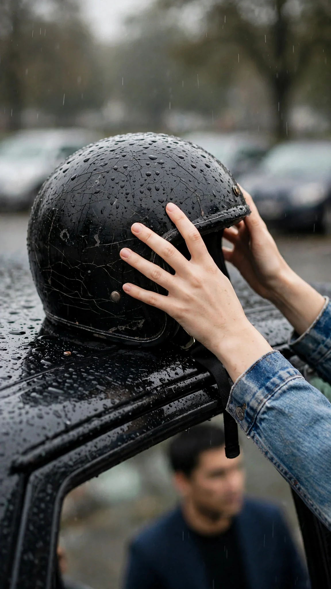 A small hand takes a cracked black helmet and sets it on the roof of a car.