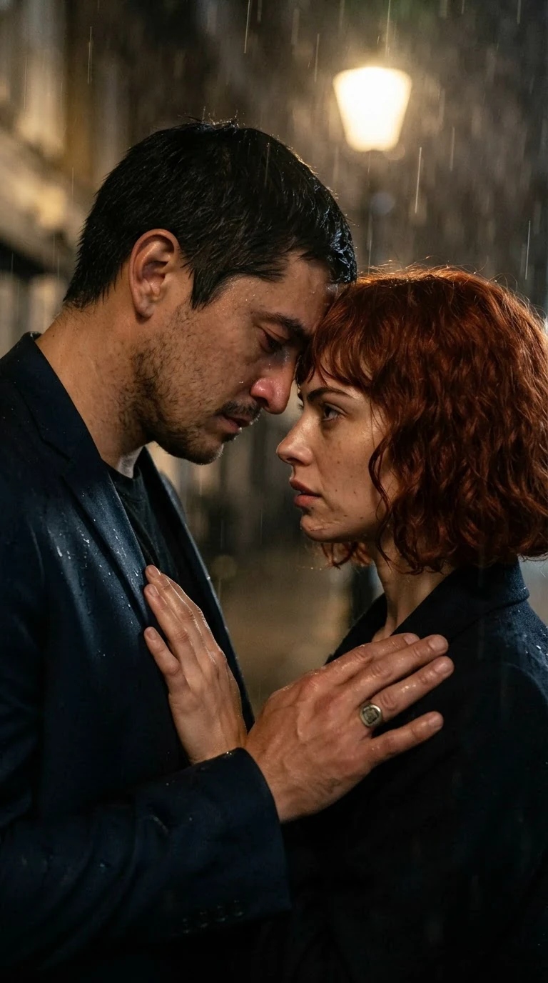 A tall man rests his forehead against a small woman's, eyes closed, her hand still on his chest.