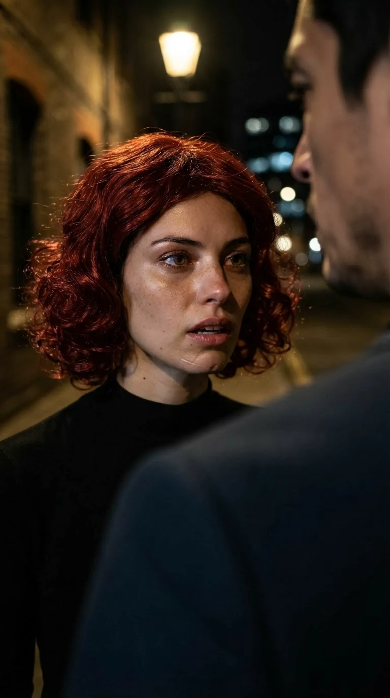 Close on a woman's face in a red wig, eyes wet, speaking softly to a man's chin.