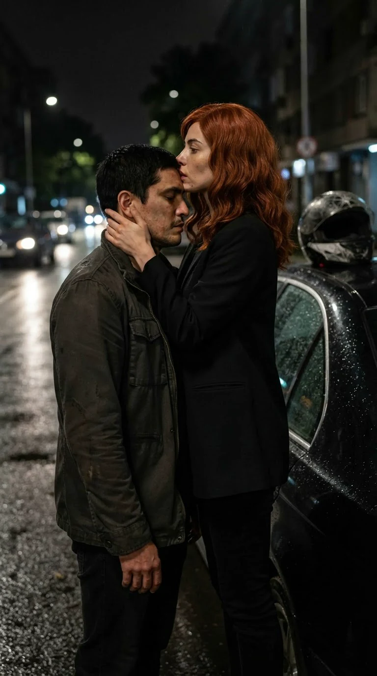 A woman presses a kiss to a tall man's forehead, her hand on the back of his neck, his eyes closed.