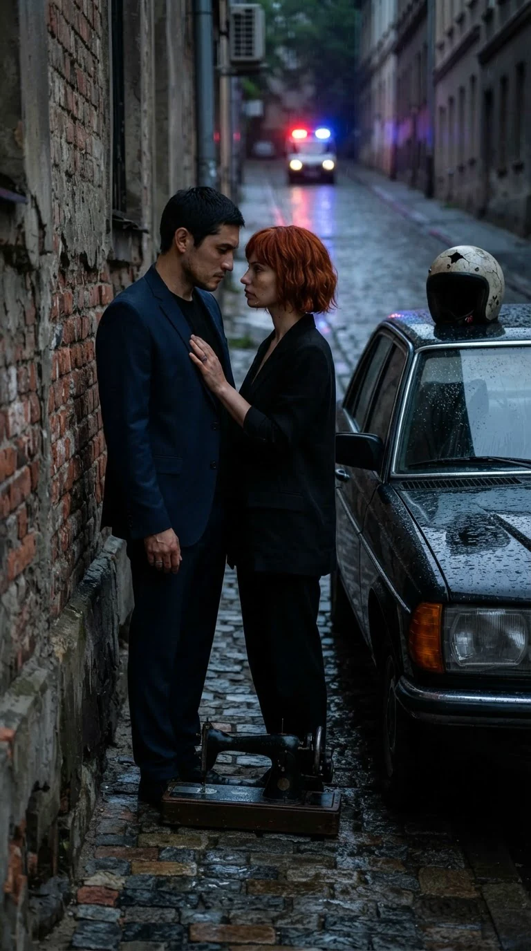 A tall man and a small woman stand close in a dark gap between a wall and a car, a sewing machine at their feet, a siren glow far up the street.