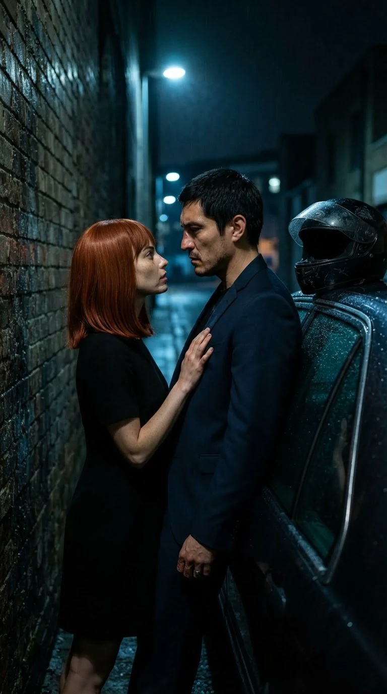 A woman in a red wig presses her hand flat against a tall man's chest in a wet alley at night.
