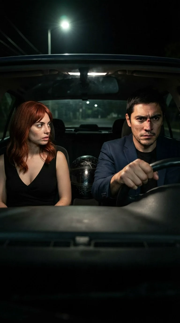 The man sits behind the wheel of his car, hands shaking, a cracked helmet on the back seat.