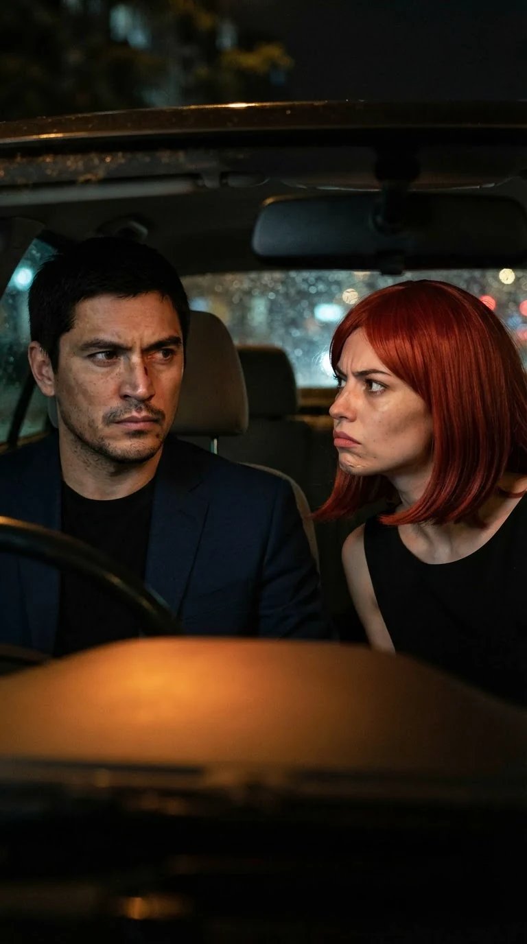 The woman twists in her seat toward the driver, angry, her red wig sliding sideways.