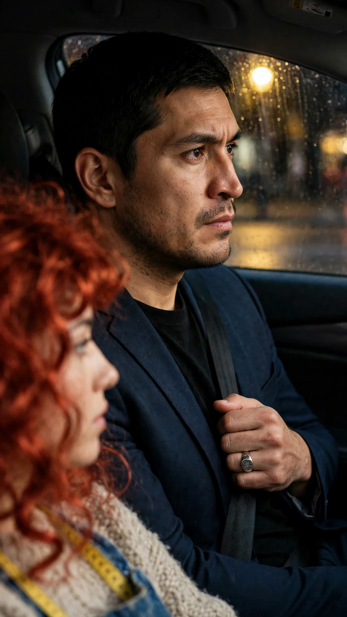 The man's mouth moves in the dark car as he admits the worst thing about himself.