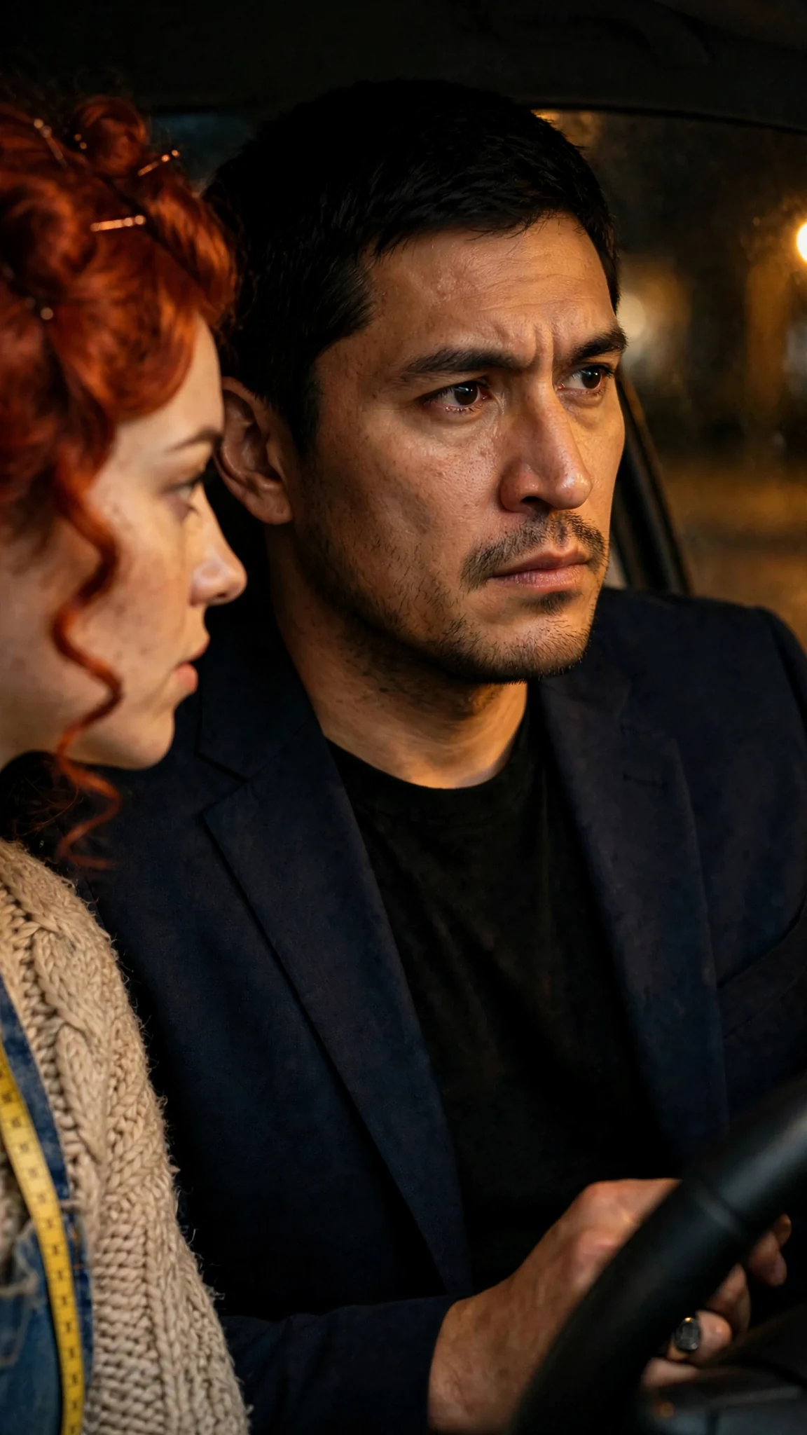 The driver stares forward, eyes glassy, while the woman leans in and refuses to look away.