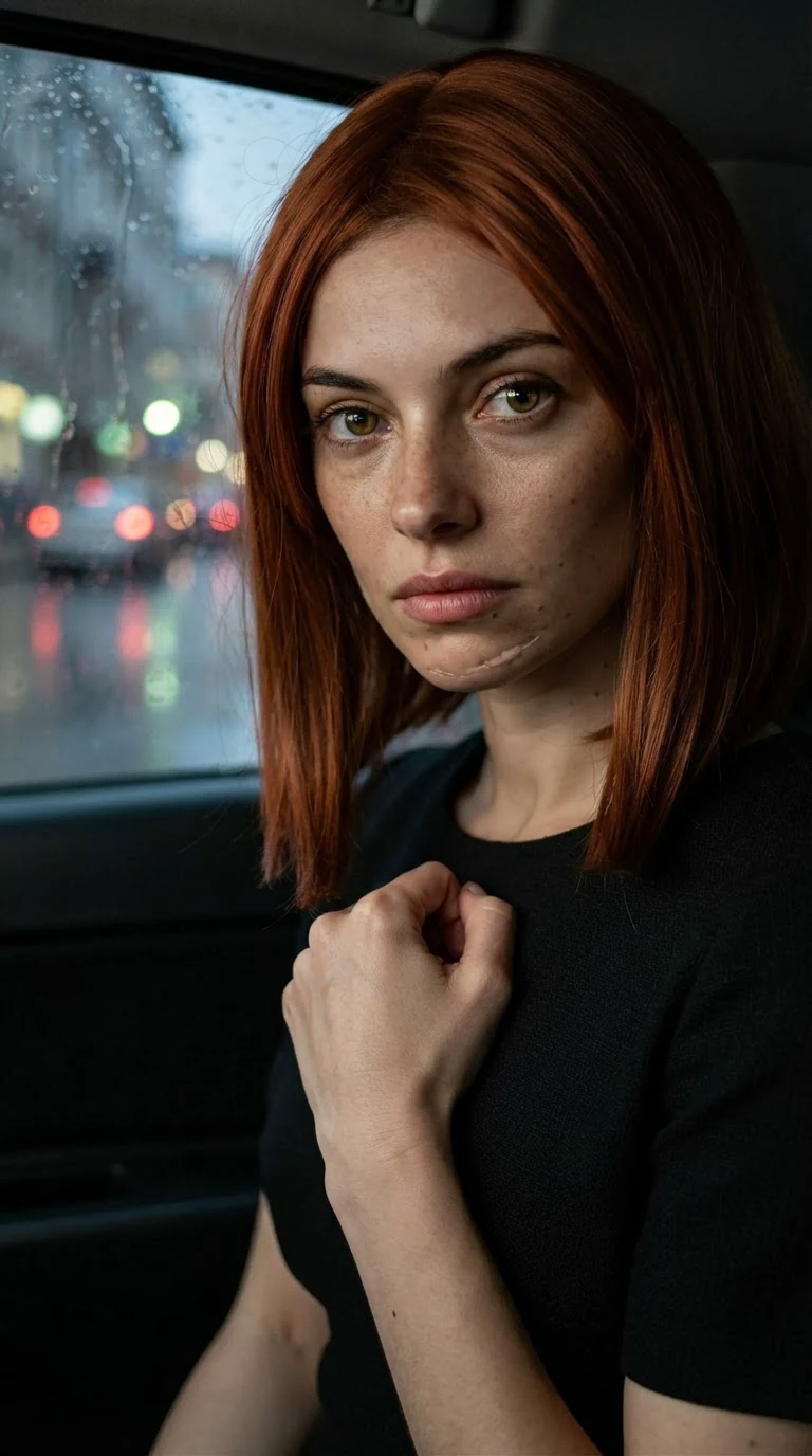 The woman swallows hard, eyes shining, her hand curled against her dress.