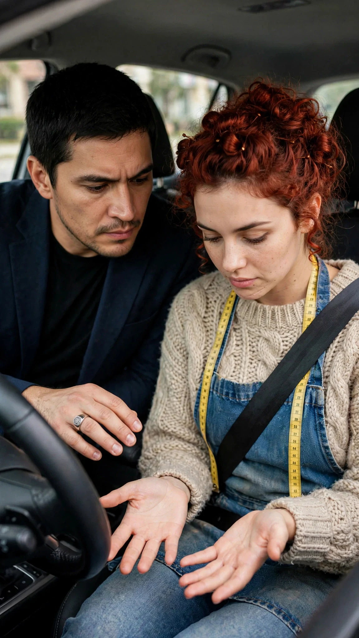 The man gestures toward the woman's hands, asking, and she looks down at them.