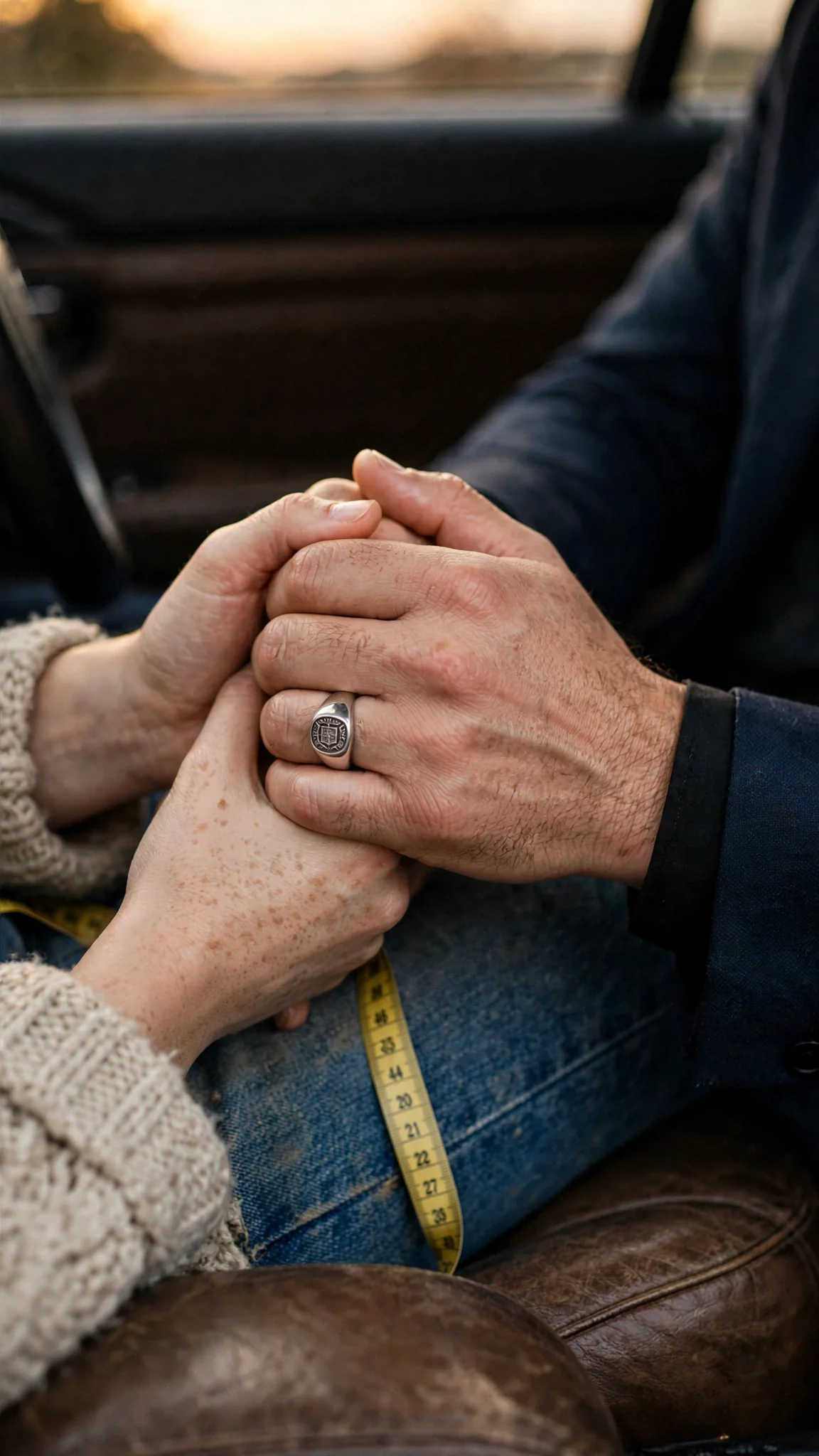 His big hands close around her small one on the seat between them.