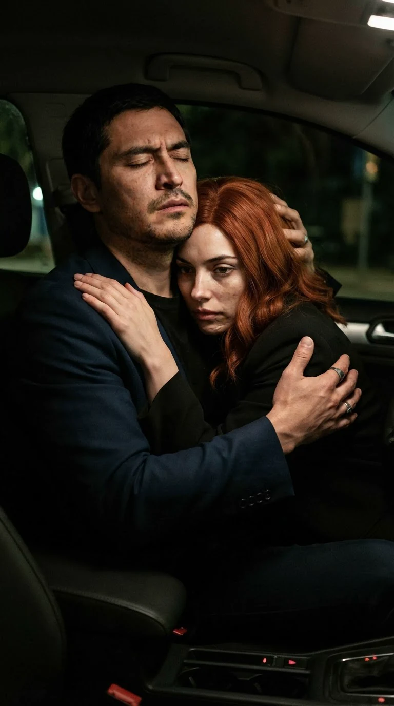 The man pulls her across the seat into his arms, his face pressed to her hair.