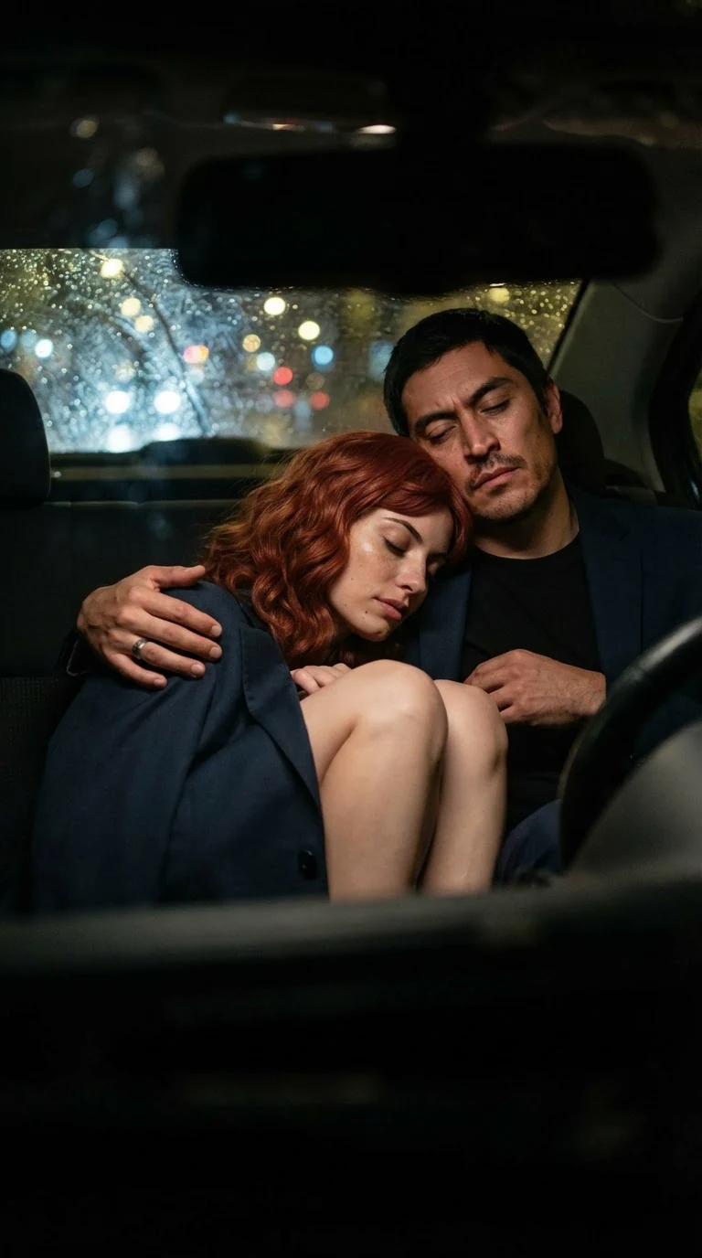 He leans the seat back and drapes his jacket over her curled-up legs.