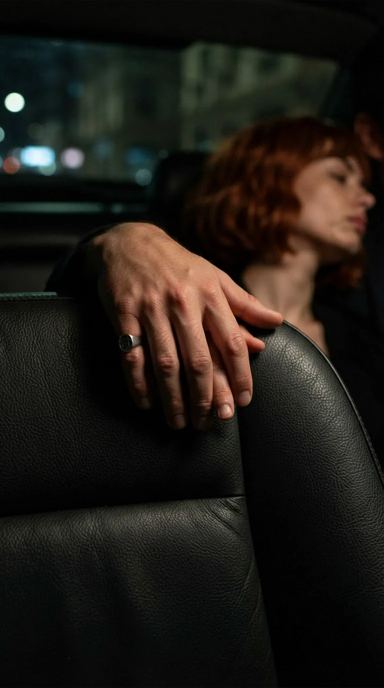Their fingers stay tangled in the dark, her eyes on the wet windshield.