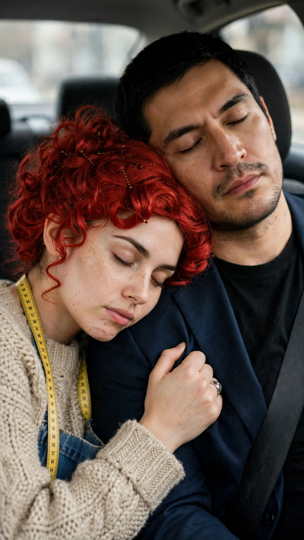 She presses her cheek to his chest and closes her eyes instead of leaving.
