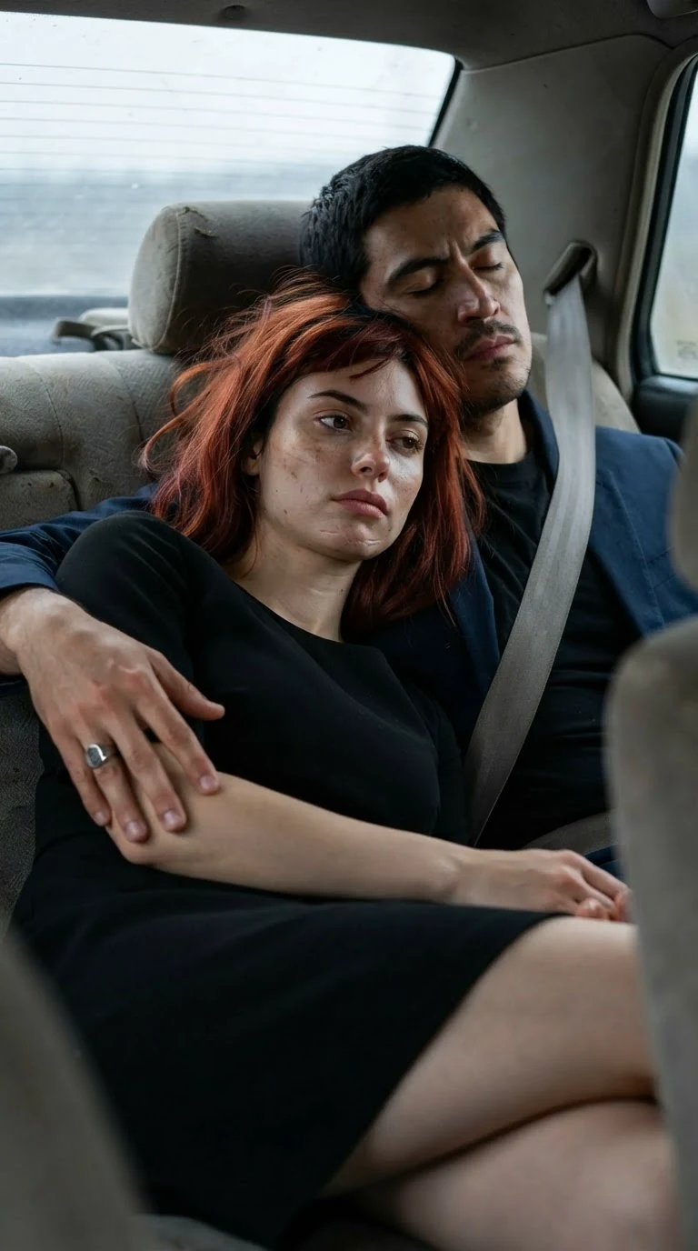 Early gray light in the car, his hand resting on her hip while she lies awake.