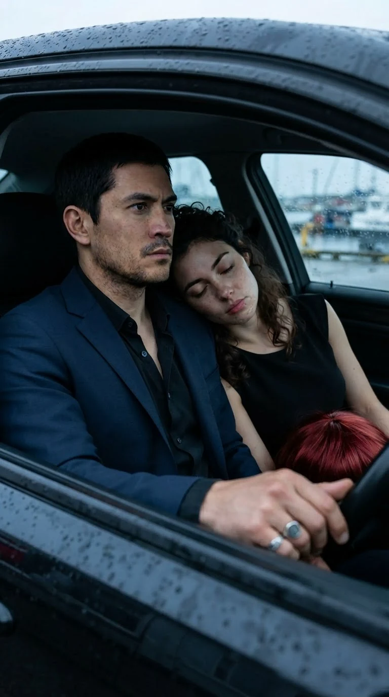 A man in a dark suit watches a woman wake up against his shoulder in a car at dawn.