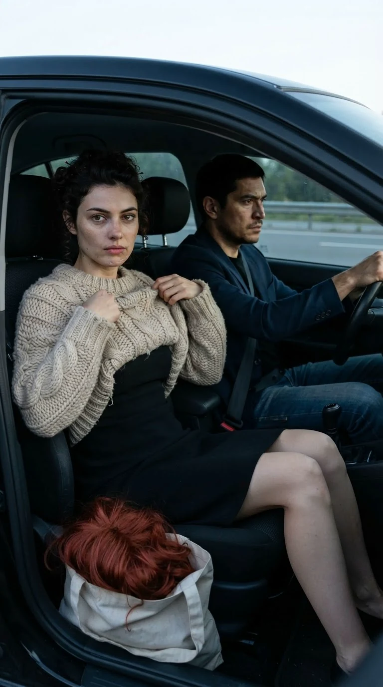 A woman pulls a thick sweater over her dress in the passenger seat while the driver keeps his eyes on the road.