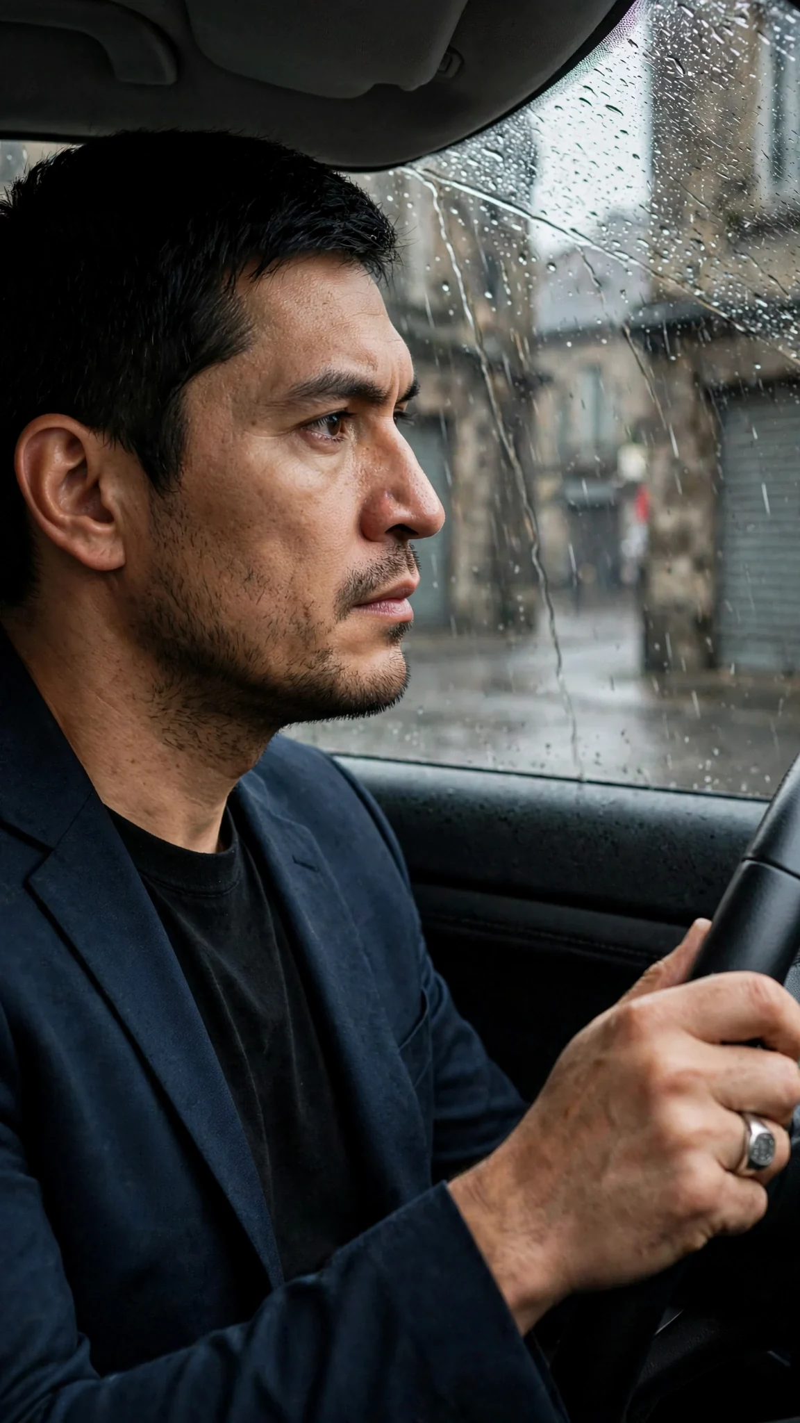 A man drives through wet streets with one hand, staring straight ahead.