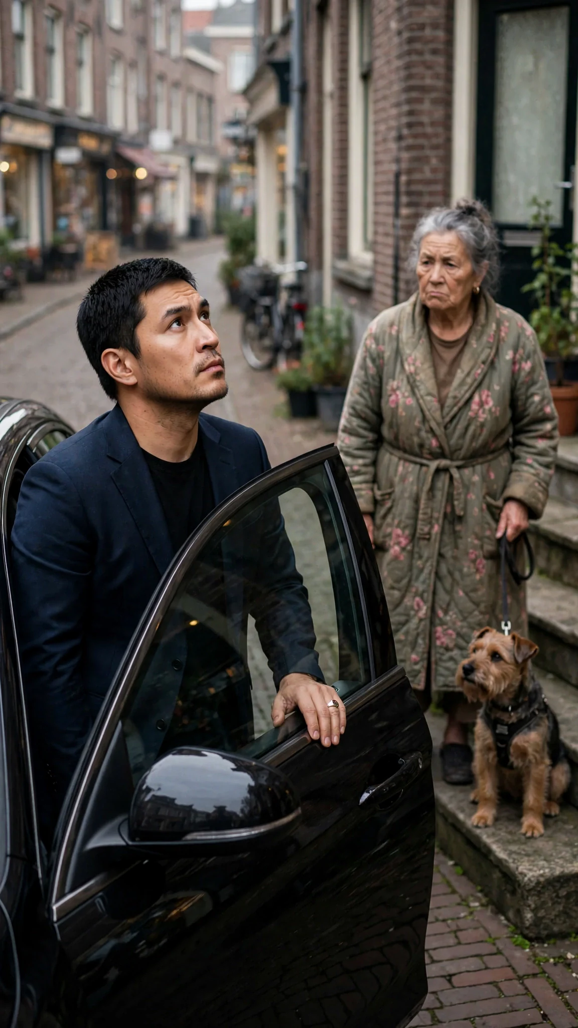 An older woman on the steps of a building stares at a black car as a tall man gets out.