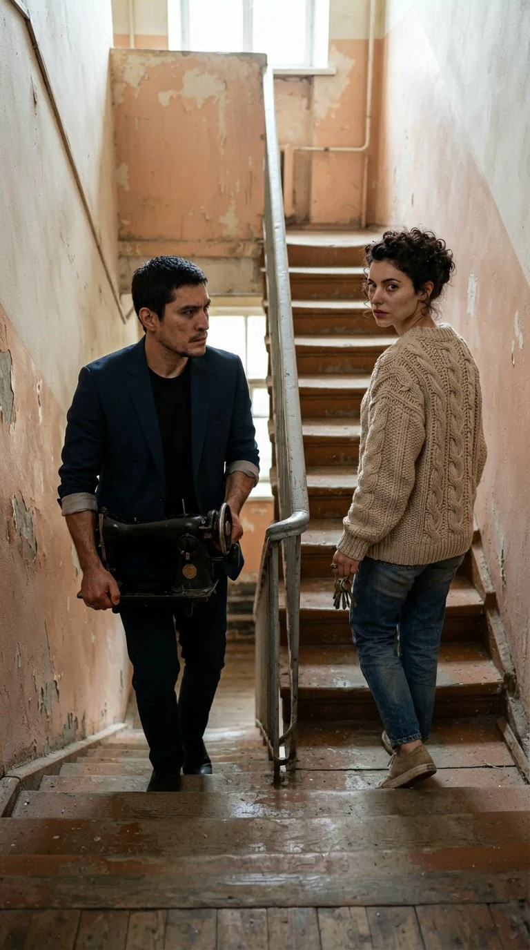 A tall man carries a heavy old sewing machine up a narrow stairwell.