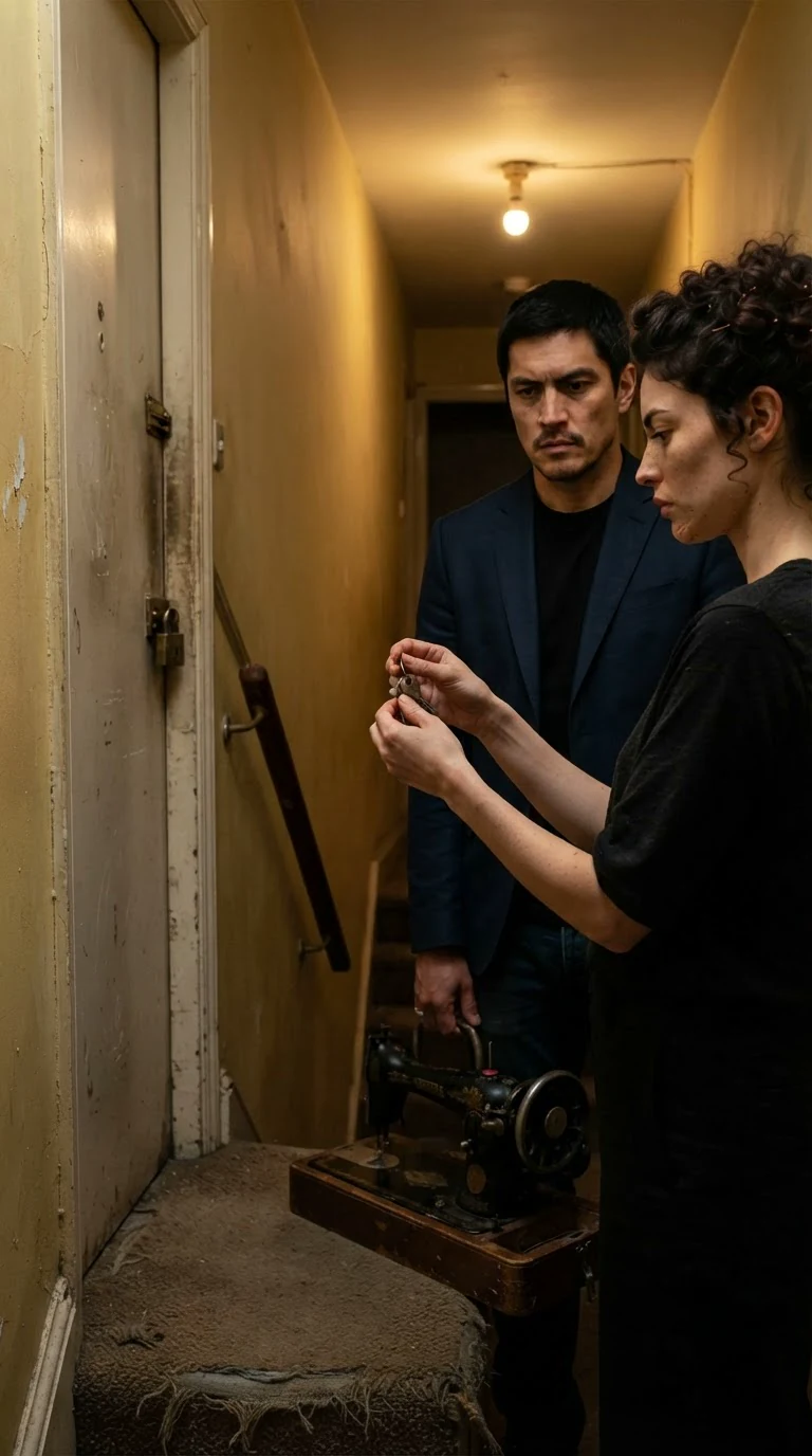 A woman fumbles with her keys at a door while a man watches her hands.