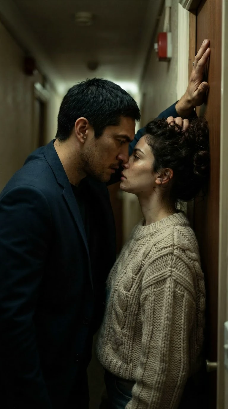 A man and a woman close together by an apartment door, her hands in his hair.