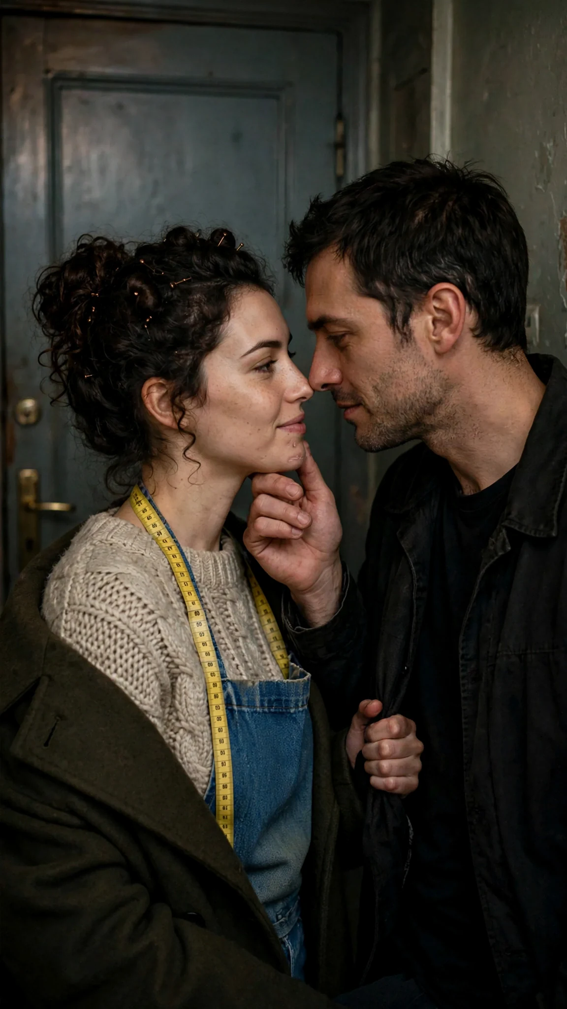 A man's hand slides under a woman's sweater at her ribs as they kiss against a door.