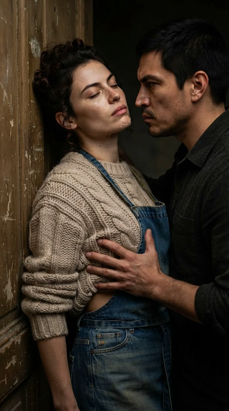 A woman's head falls back against a door as a man kisses her throat.