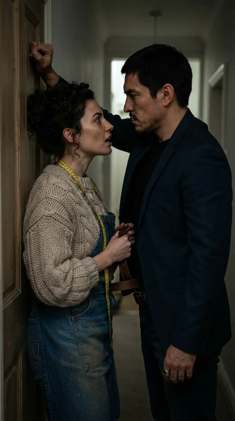 A woman's fist closed in a man's belt as he presses his hips into hers.