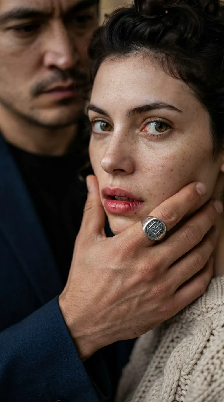 A silver signet ring with a crest catching hallway light beside a woman's jaw.