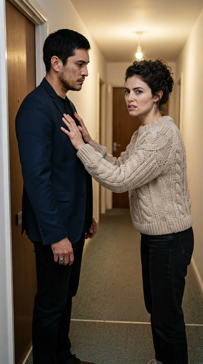 A man and woman stare at each other in a hallway, her hand flat on his chest.