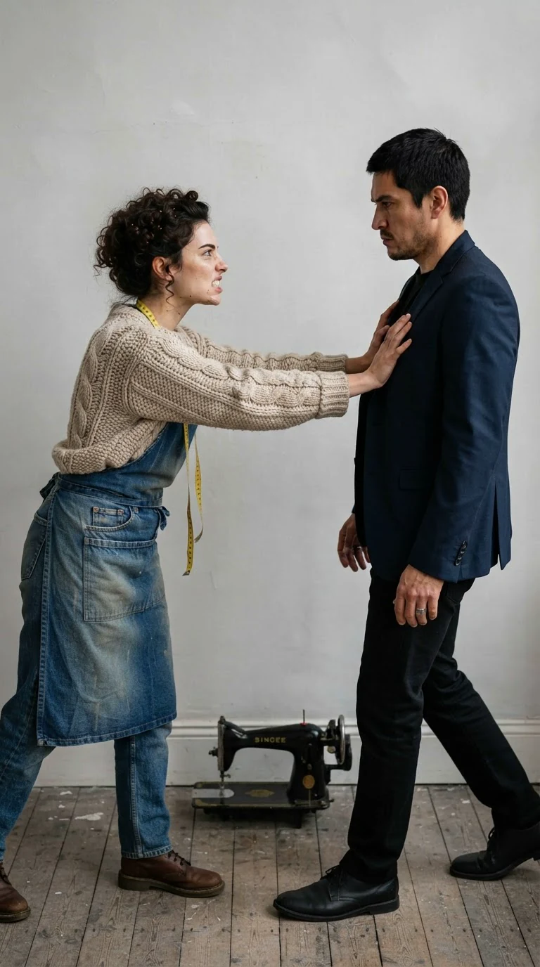 A woman shoves a tall man back a step in a dim hallway.