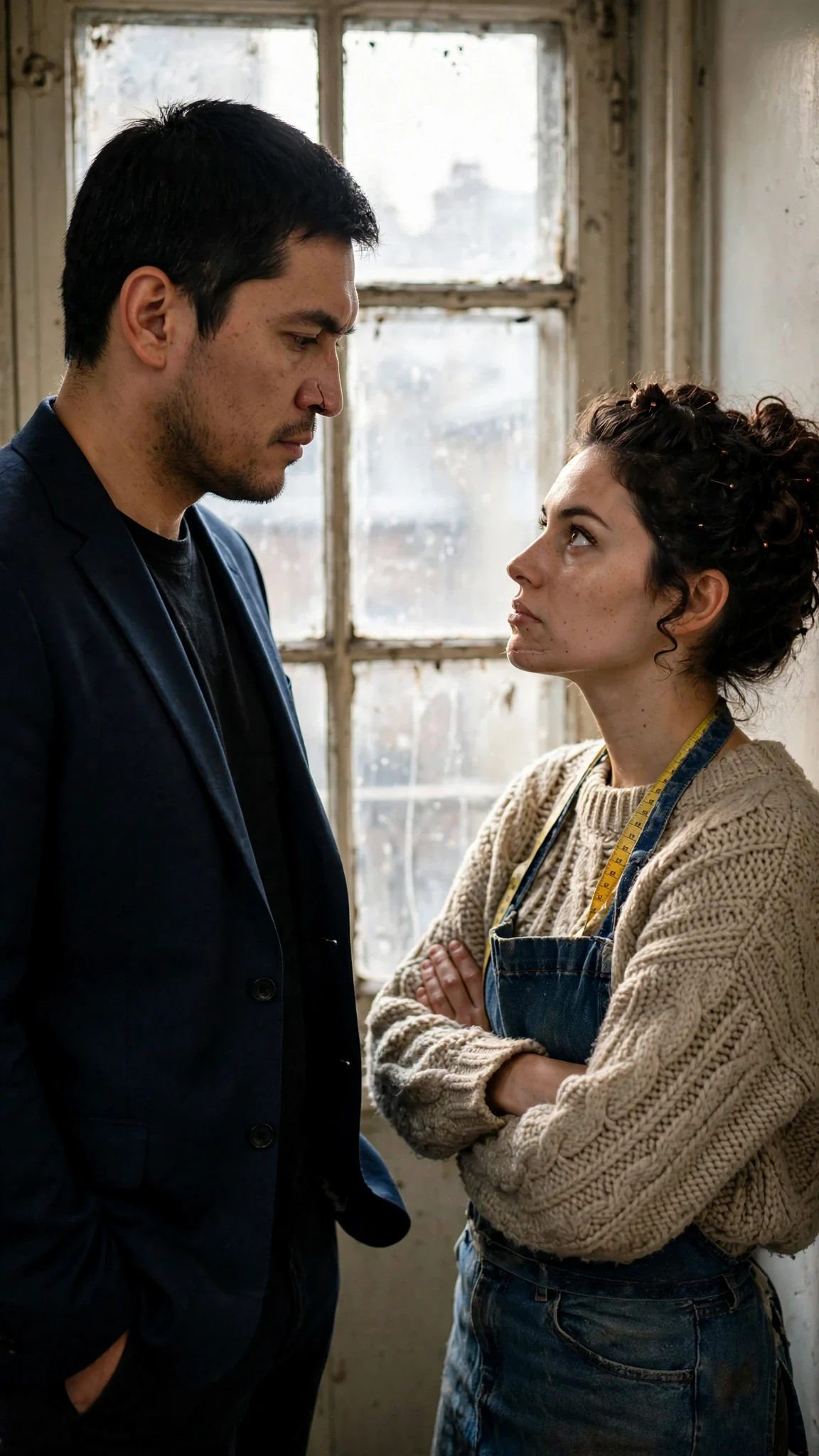 A tall man in a suit looks down at a woman, calm and cold, in a hallway.