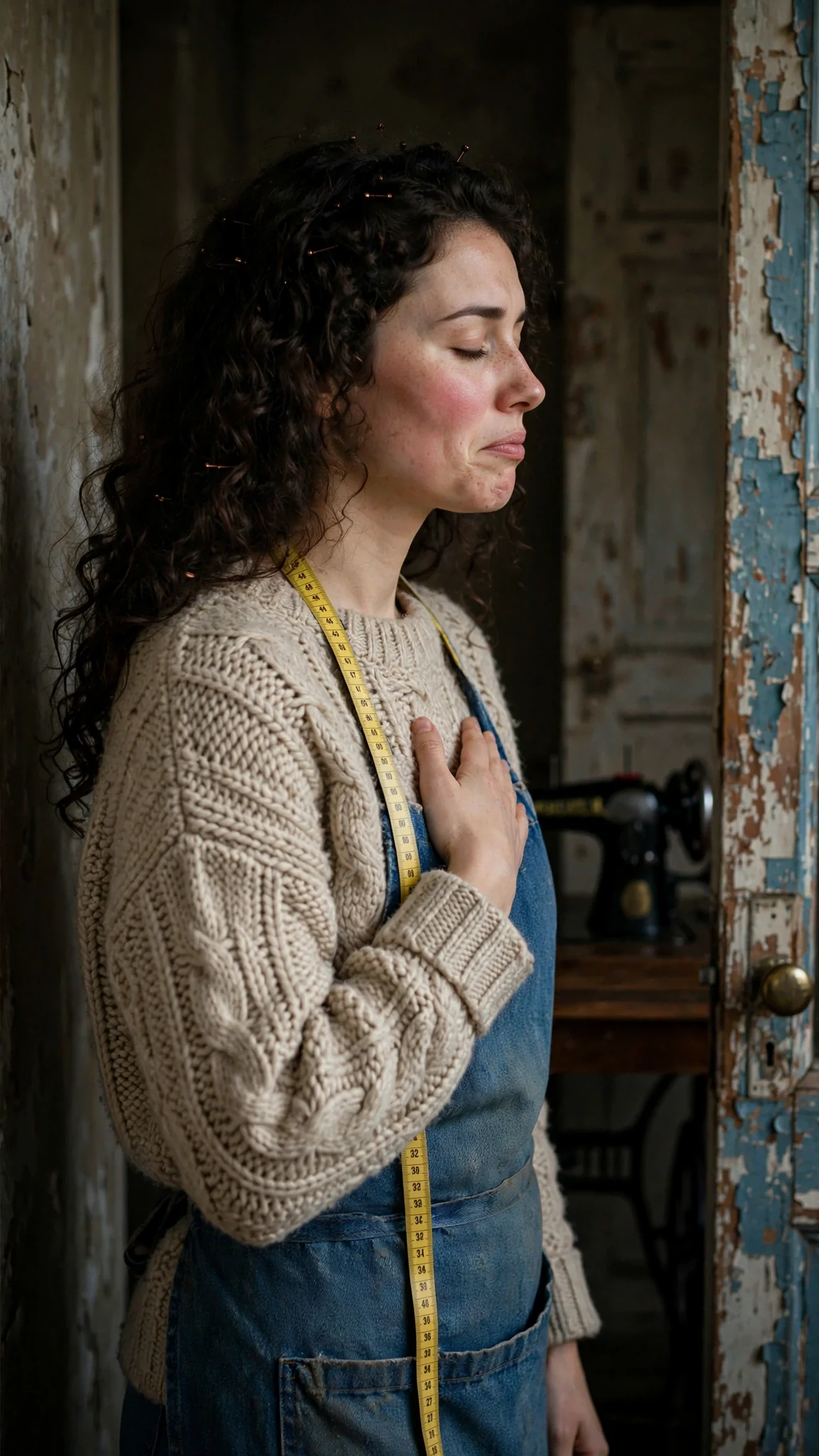 A woman stands alone facing a door, one hand pressed to her chest.
